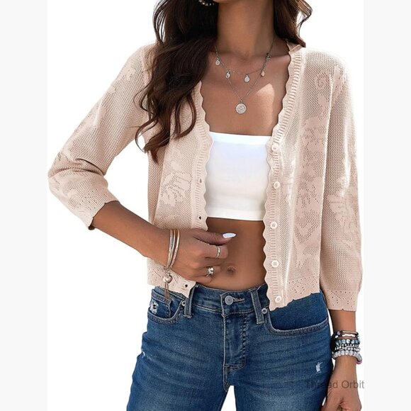 Sweaters - Cropped Cardigan Sweater 3/4 Sleeve Button Down Lightweight Knit Shrug